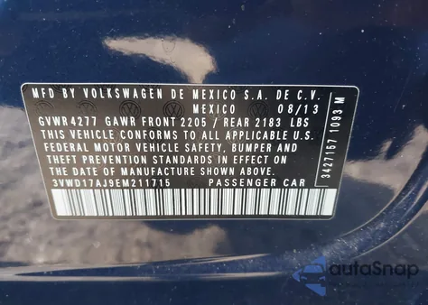 2014 Volkswagen Jetta 1.8T Se z USA, uszkodzony, nr VIN 3VWD17AJ9EM211715